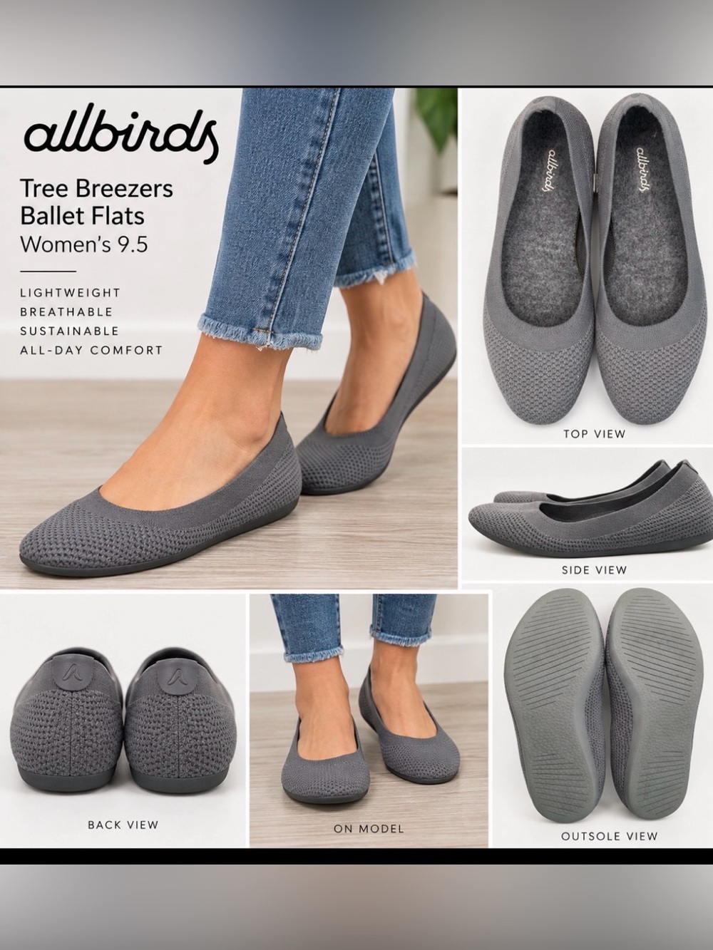 Allbirds Tree Breezers Charcoal Gray Knit Ballet Flats Women’s Size 9.5